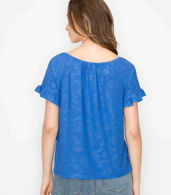 French Blue Floral Eyelet Peasant Ruffle Top