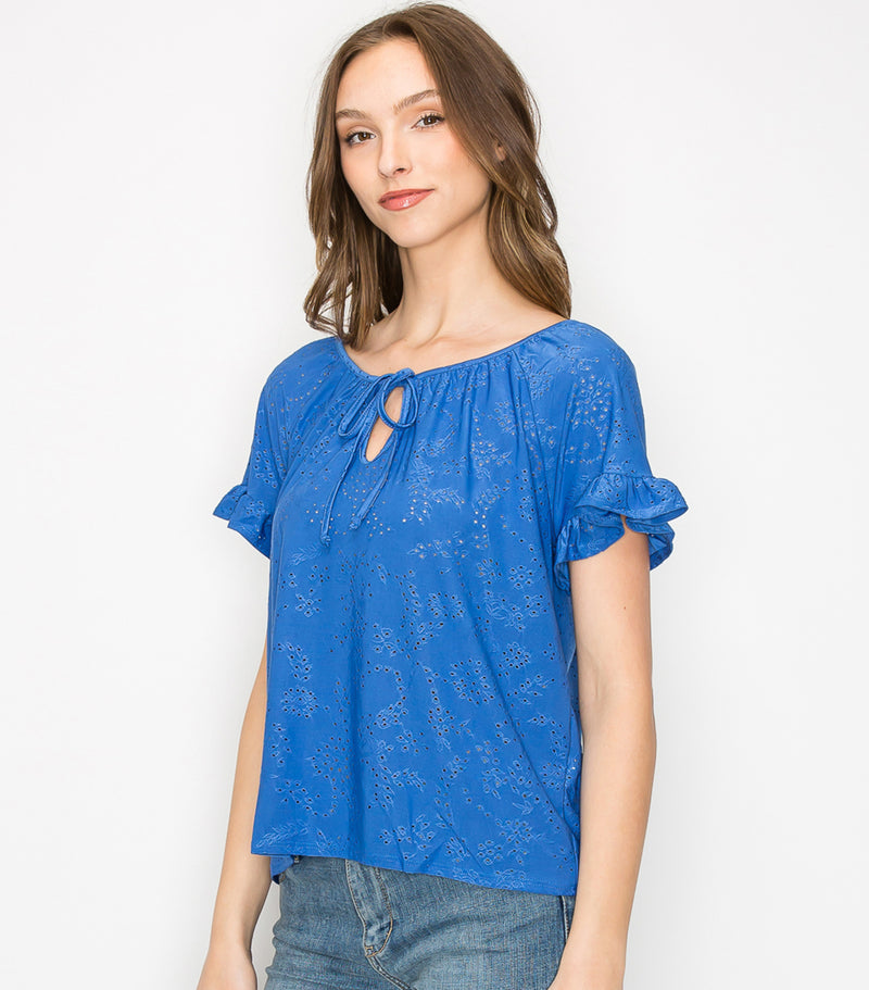 French Blue Floral Eyelet Peasant Ruffle Top