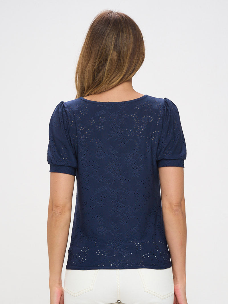 Navy Floral Eyelet Tie Front Top