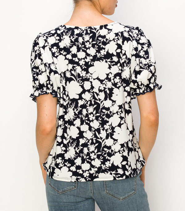 Blue White Floral Puff Sleeve Top