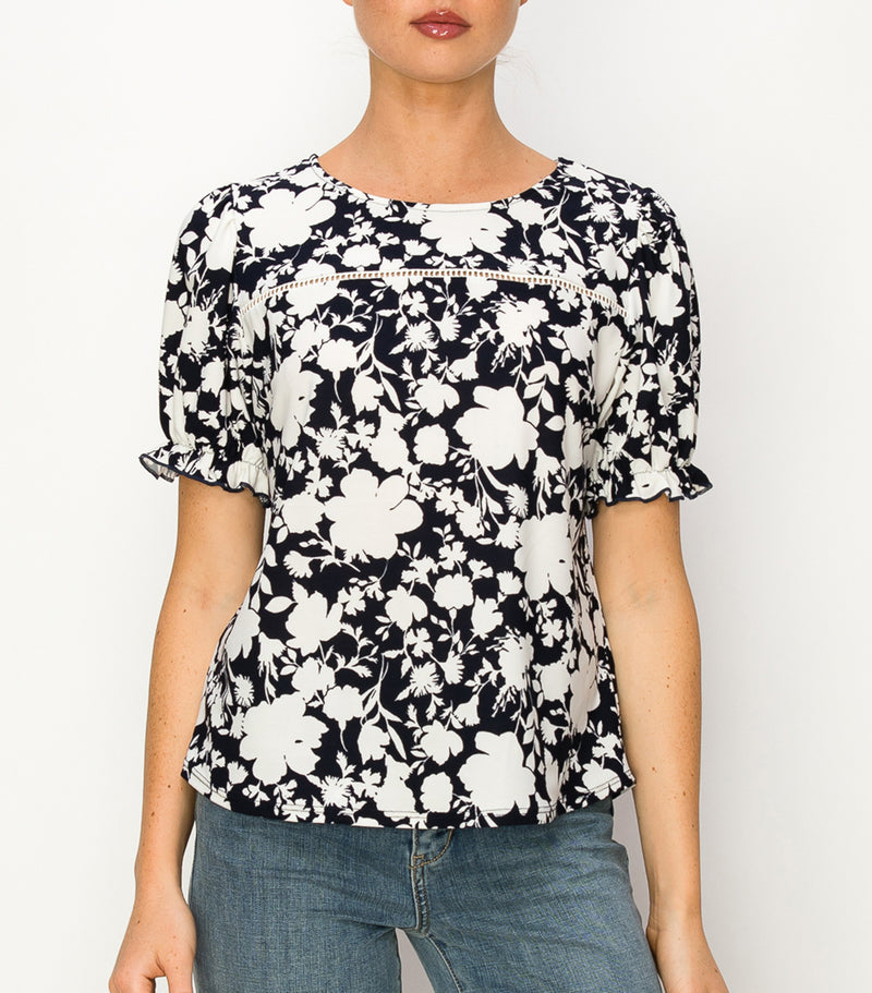 Blue White Floral Puff Sleeve Top
