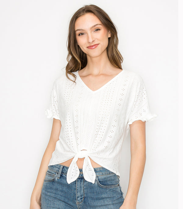 White Medley Eyelet Tie Front Top