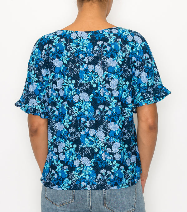 Blue Floral Eyelet Tie Front Top