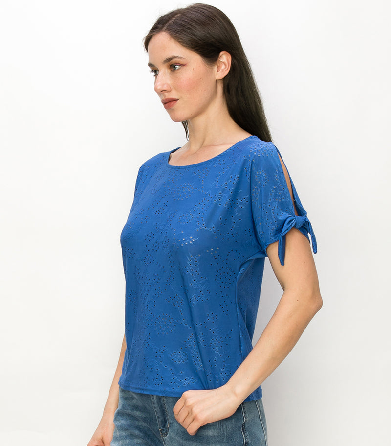 French Blue Floral Eyelet Slit Sleeve Tie Top