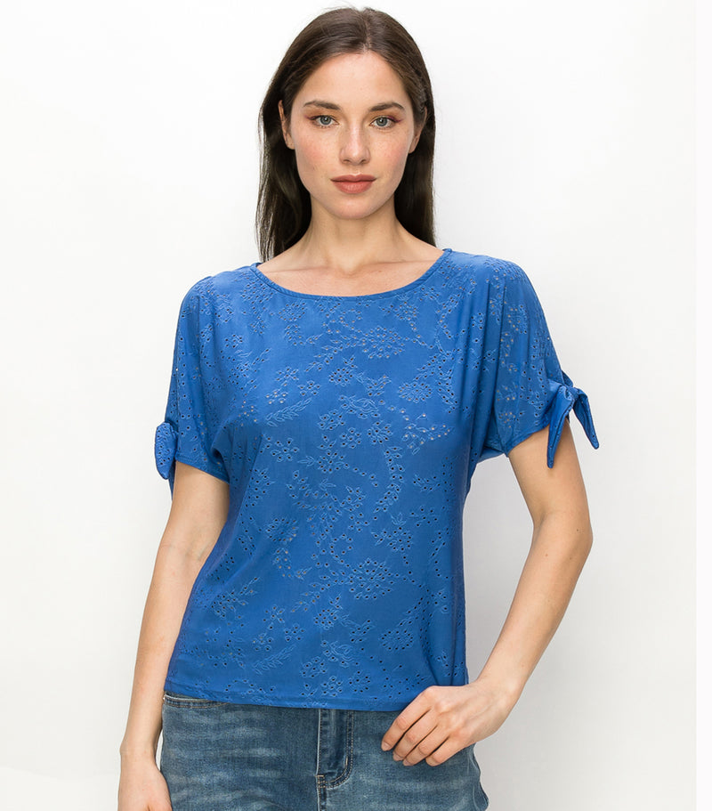 French Blue Floral Eyelet Slit Sleeve Tie Top