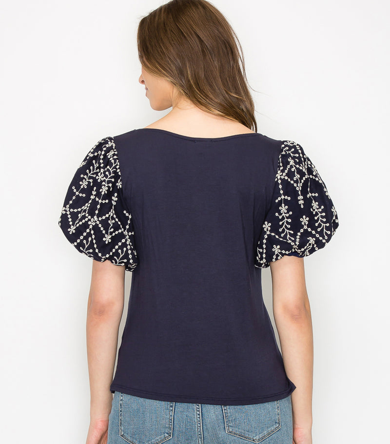 Navy Embroidered Eyelet Puff Sleeve Top