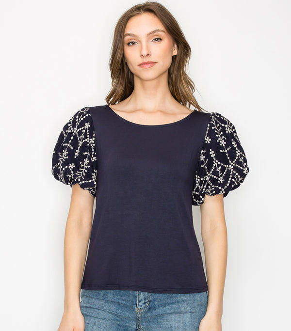 Navy Embroidered Eyelet Puff Sleeve Top