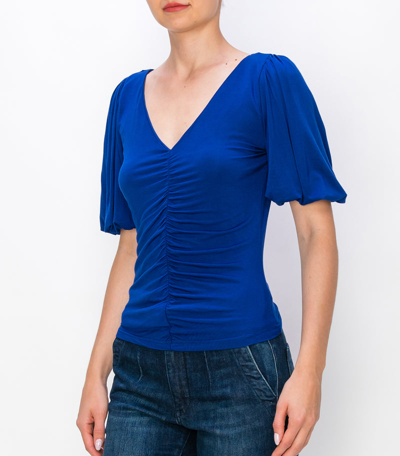 Dark Royal Ruched Front Puff Sleeve