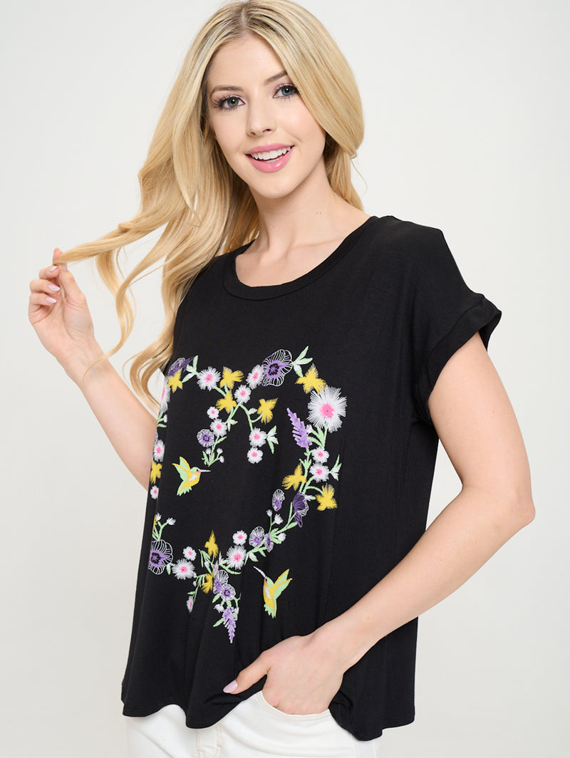 Black Floral Hummingbird T-Shirt