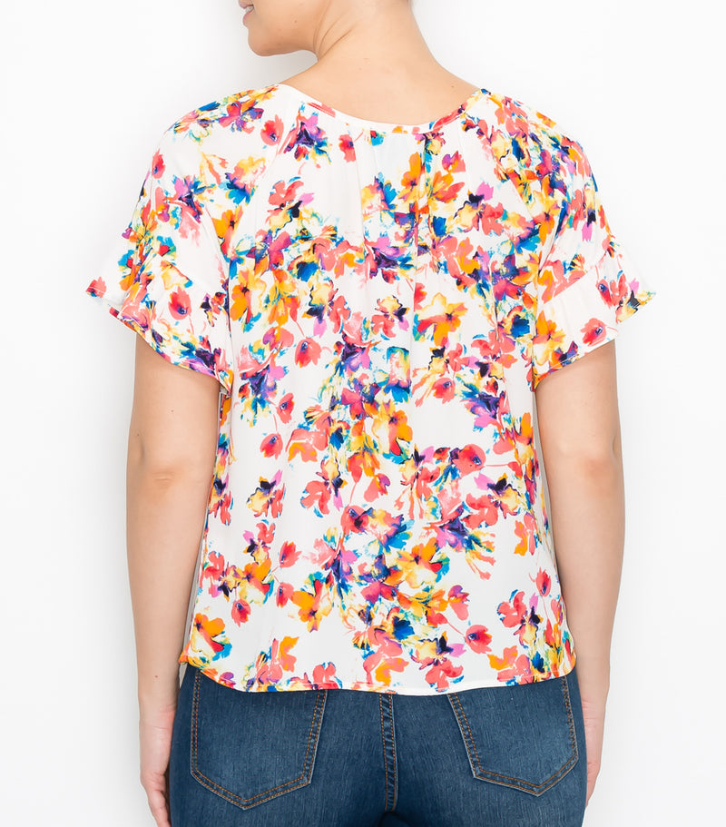 Watercolor Floral Ruffle Sleeve Top