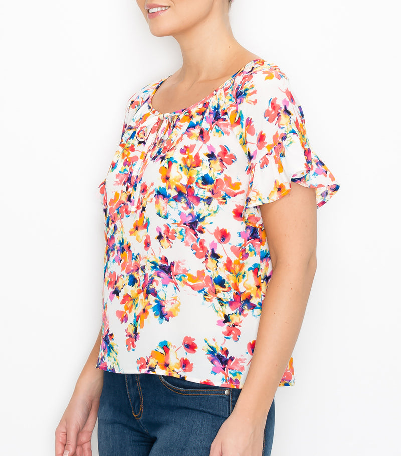 Watercolor Floral Ruffle Sleeve Top
