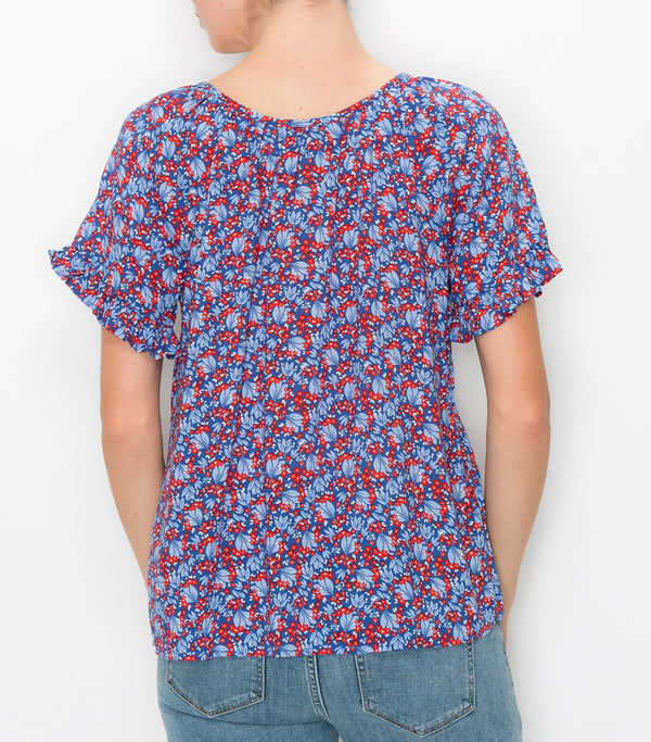 Blue Red Floral Peasant Ruffle Sleeve Top