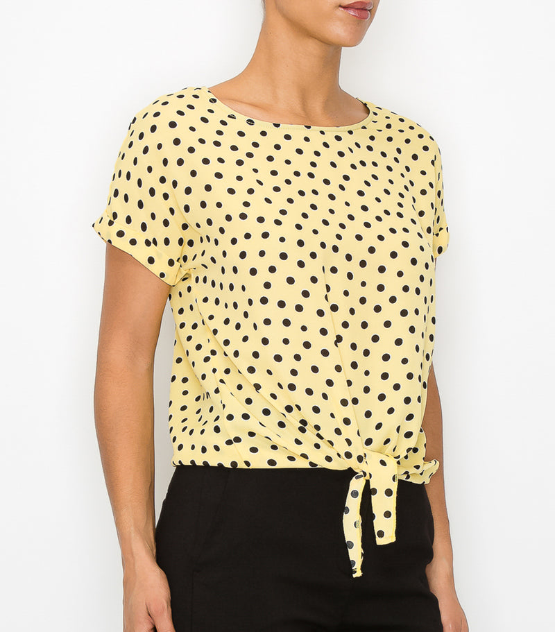 Yellow Polka Dot Roll Cuff Tie Front Top