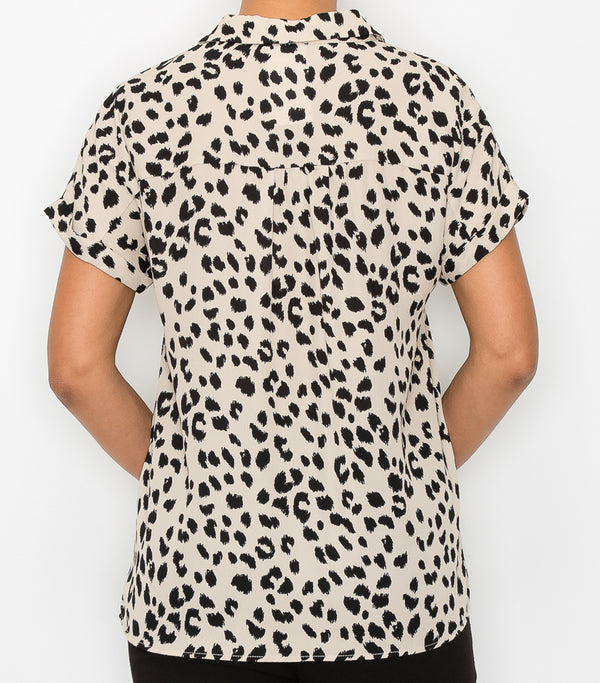 Leopard Collar V-neck Roll Cuff Top