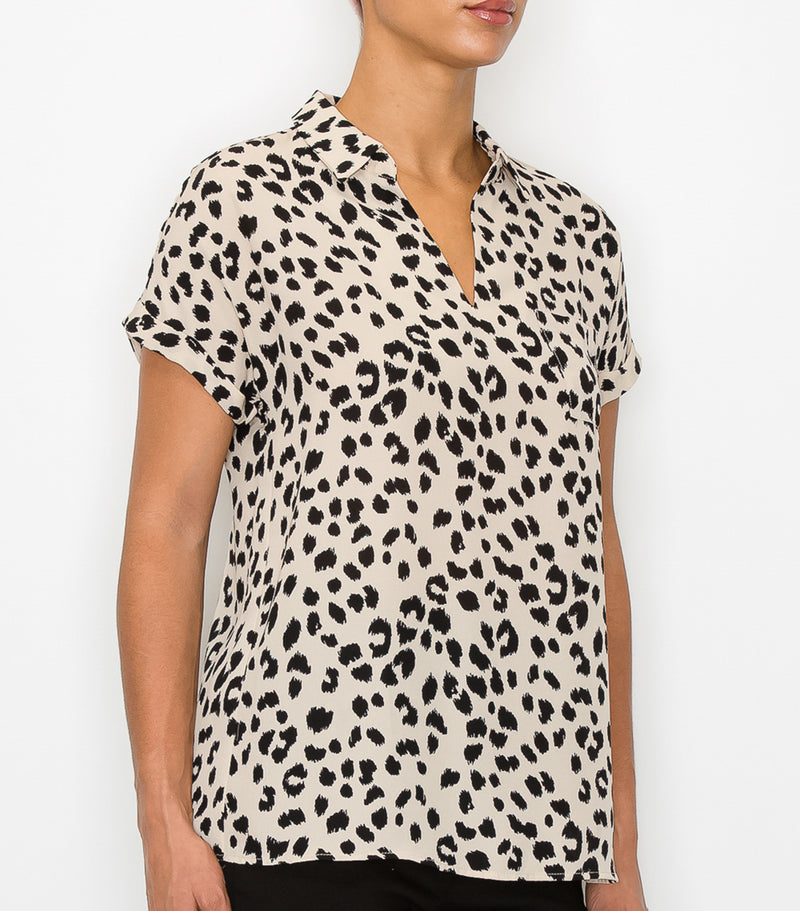 Leopard Collar V-neck Roll Cuff Top