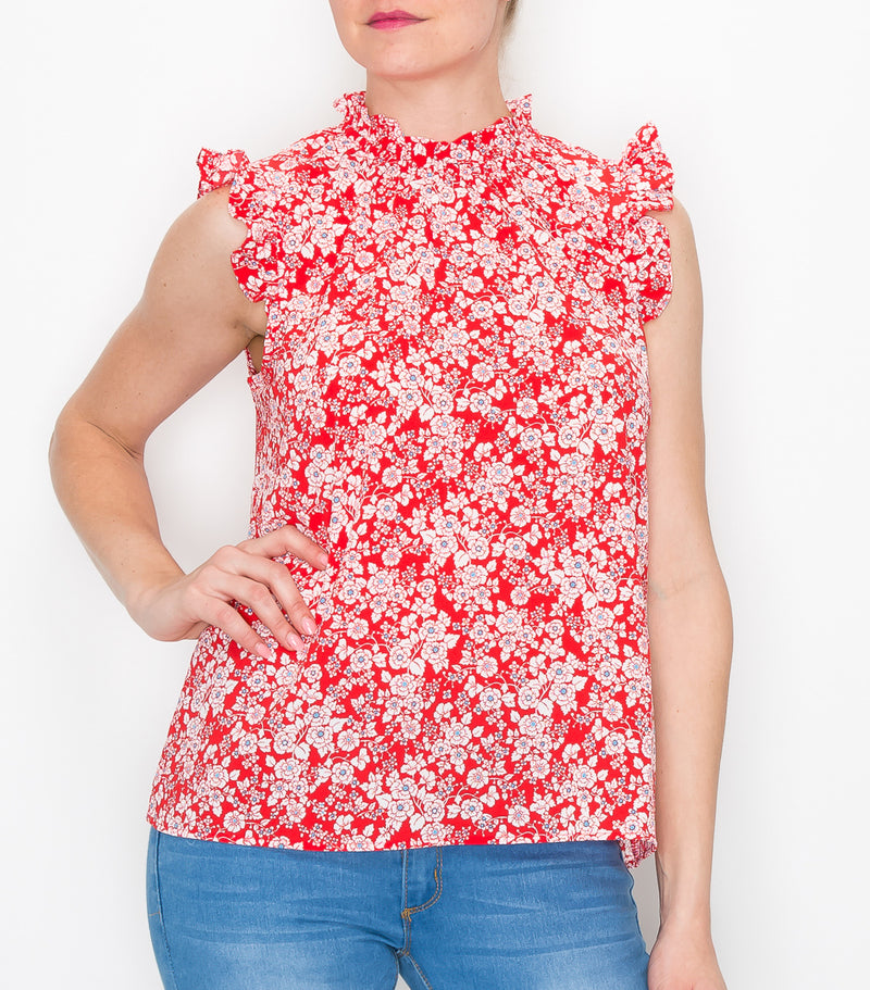 Red Floral Sleeveless Ruffle Top
