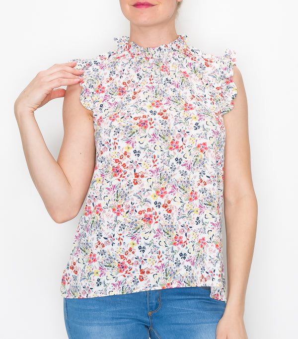 Ivory Floral Sleeveless Ruffle Top