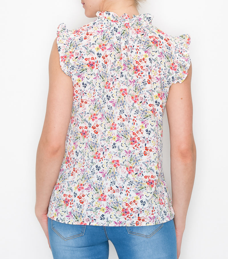 Ivory Floral Sleeveless Ruffle Top