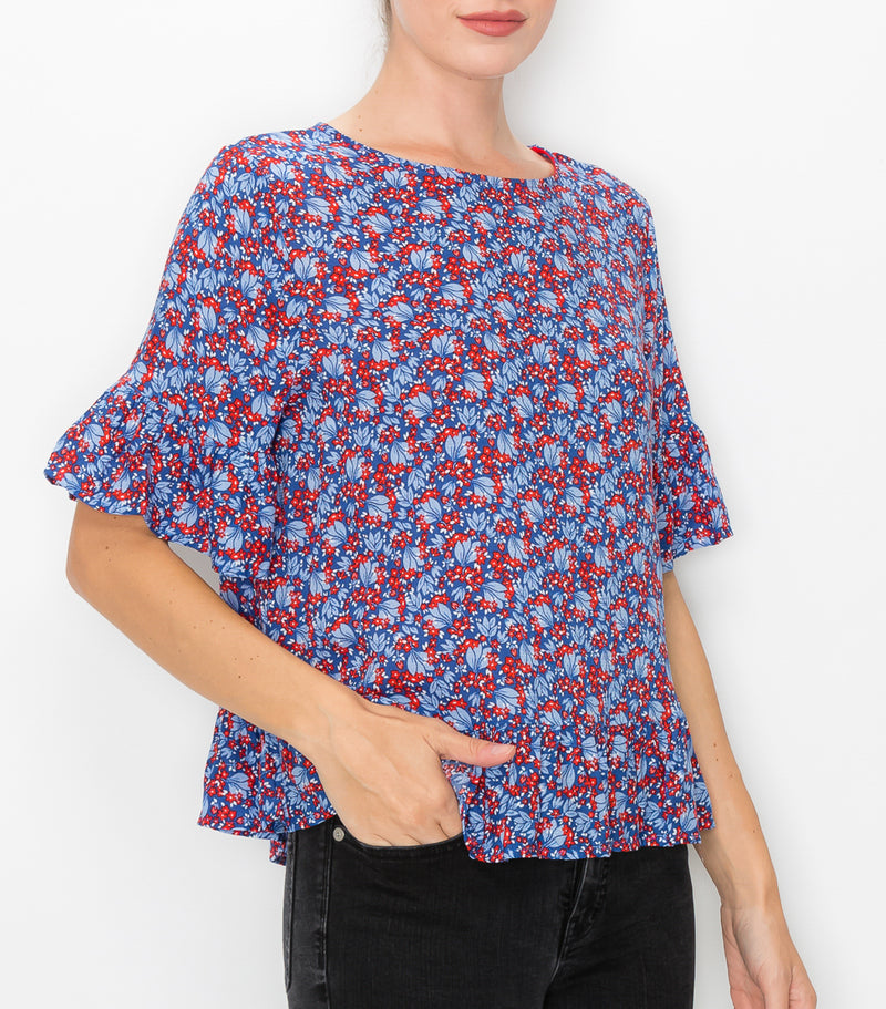 Blue Red Floral Ruffle Top