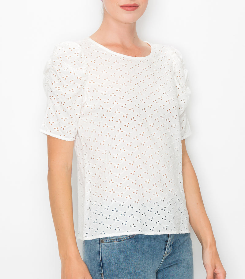 White Eyelet Ruched Puff Sleeve Top