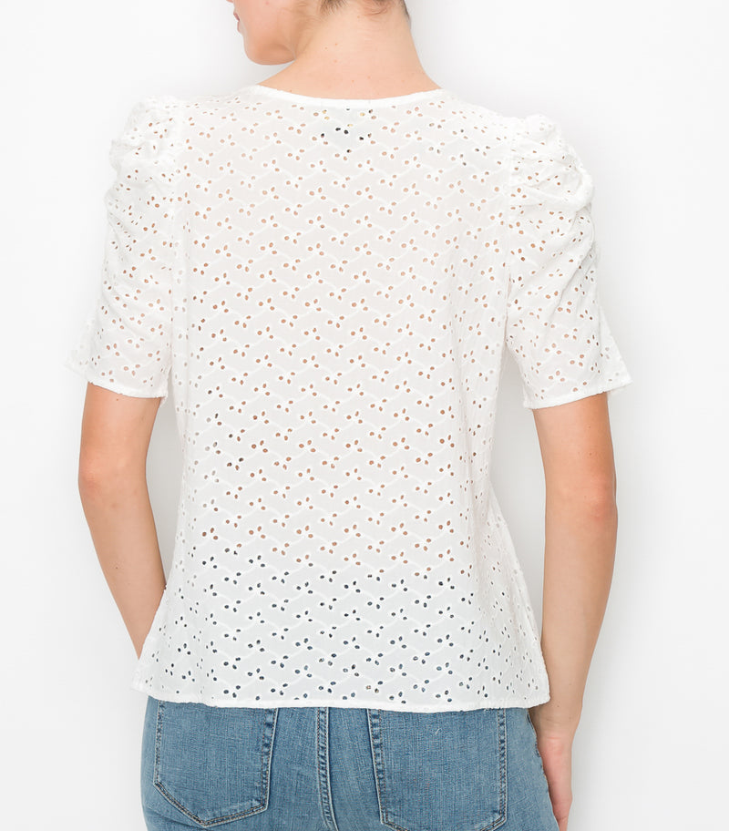 White Eyelet Ruched Puff Sleeve Top