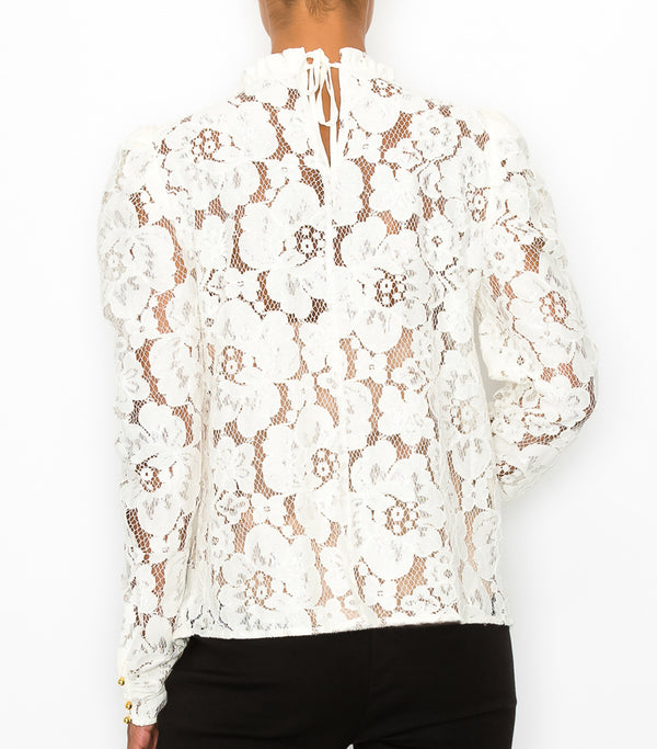 Ivory Sheer Floral Lace Puff Sleeve Blouse