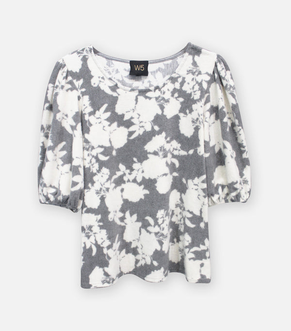 Cozy Knit Floral Puff Sleeve Top