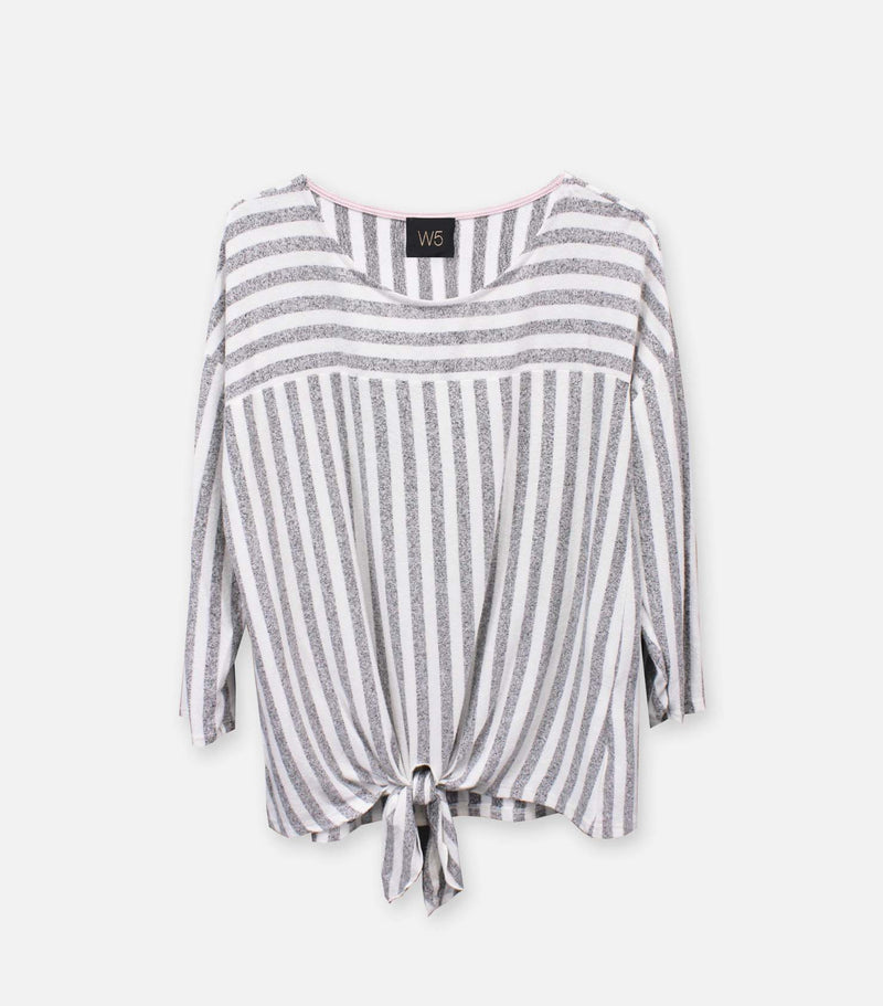 Striped Cozy Knit Tie Front Top