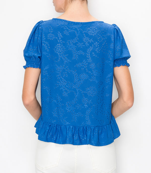French Blue Floral Eyelet Baby Doll Top