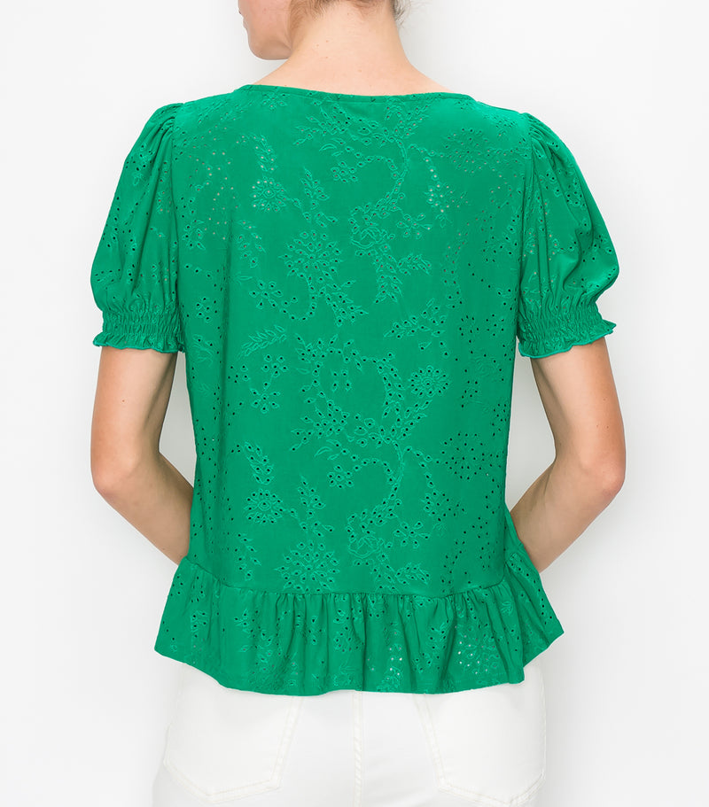 Grass Green Floral Eyelet Baby Doll Top