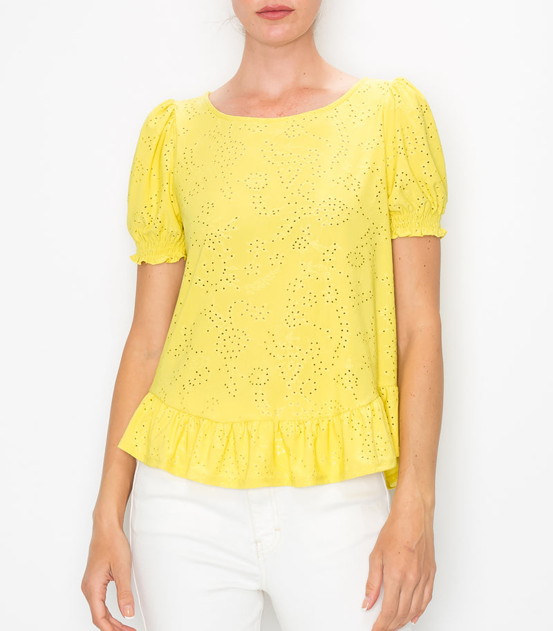 Bright Yellow Floral Eyelet Baby Doll Top