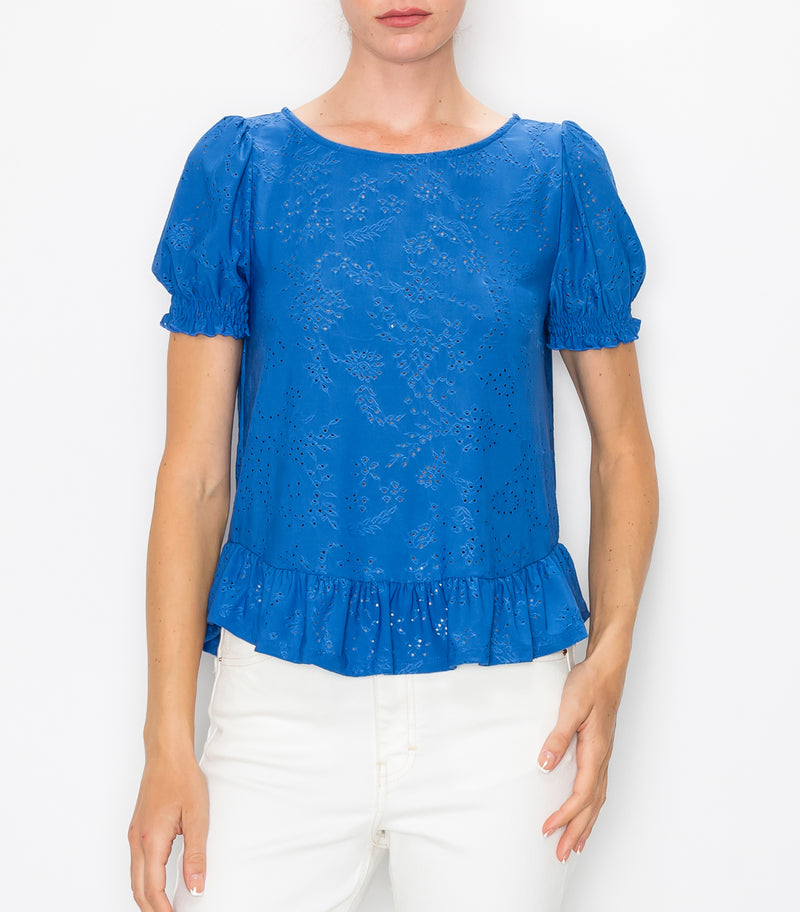French Blue Floral Eyelet Baby Doll Top