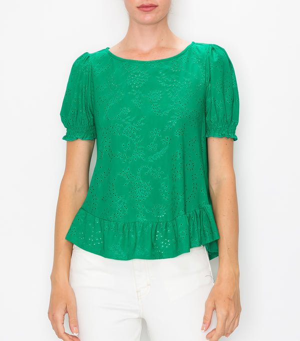 Grass Green Floral Eyelet Baby Doll Top
