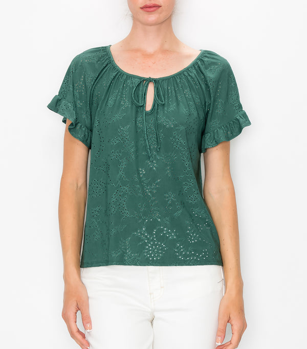 Forrest Floral Eyelet Peasant Ruffle Top