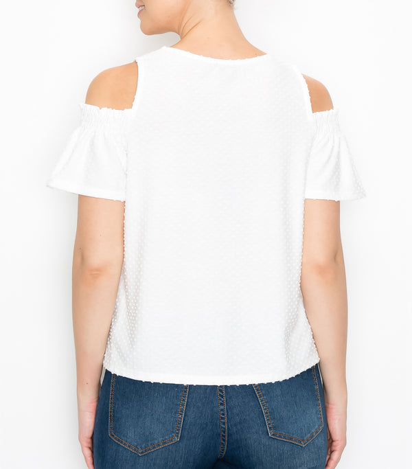 White Swiss Dot Cold Shoulder Top