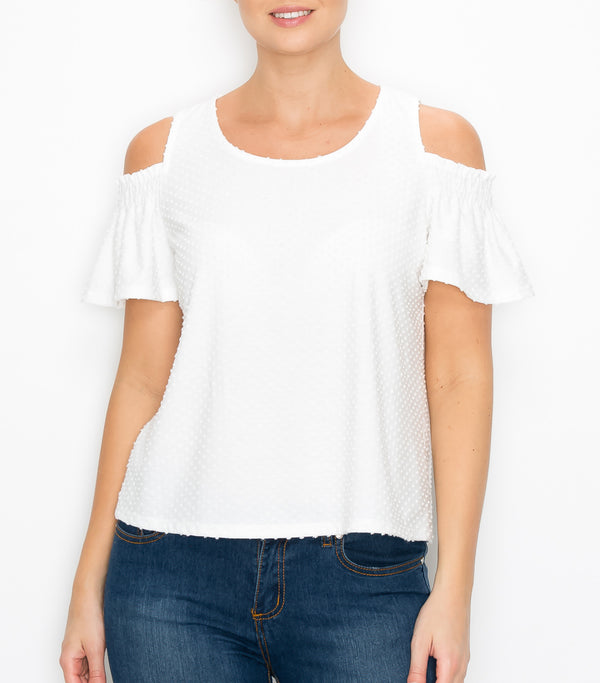 White Swiss Dot Cold Shoulder Top
