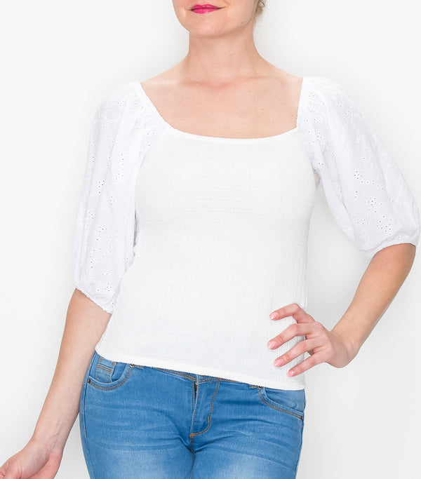 Ivory Mixed Media Embroidered Off Shoulder Top