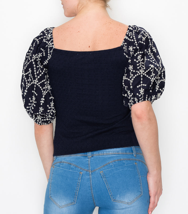 Navy Mixed Media Embroidered Off Shoulder Top