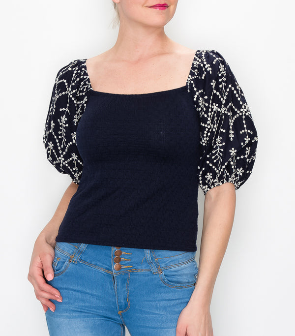 Navy Mixed Media Embroidered Off Shoulder Top
