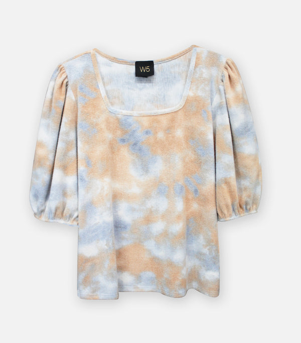 Cozy Knit Tie Dye Square Neck Puff Sleeve Top