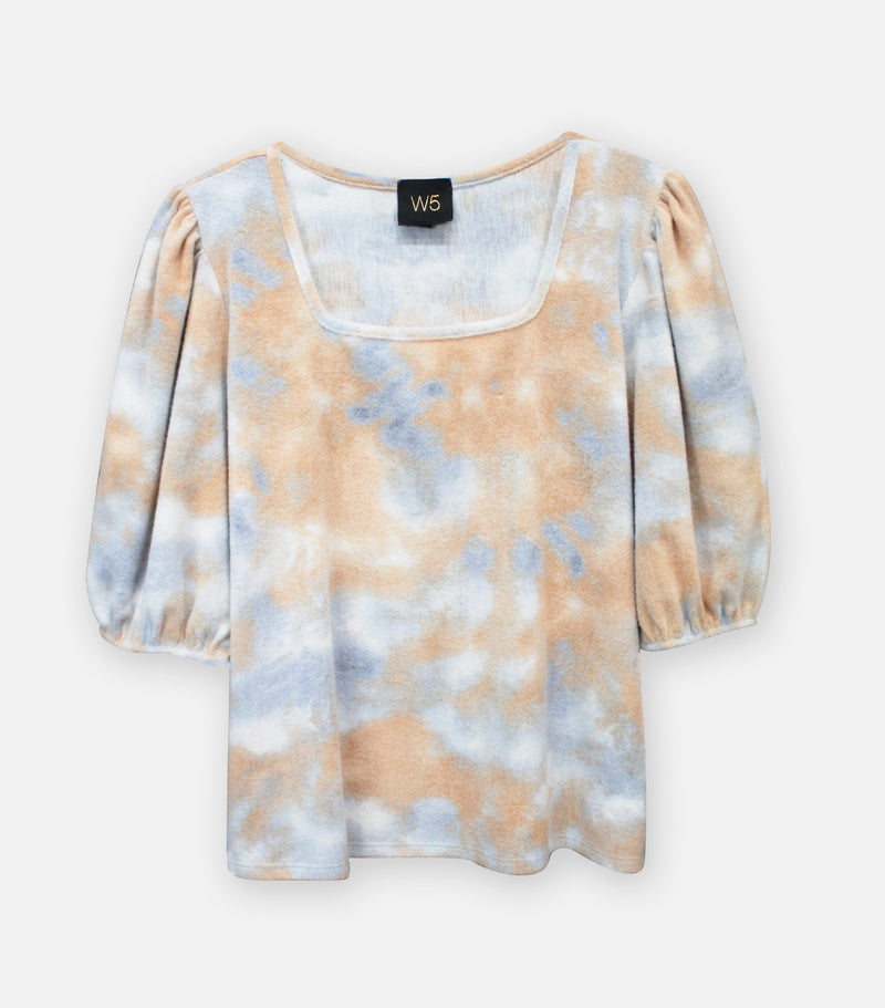 Cozy Knit Tie Dye Square Neck Puff Sleeve Top