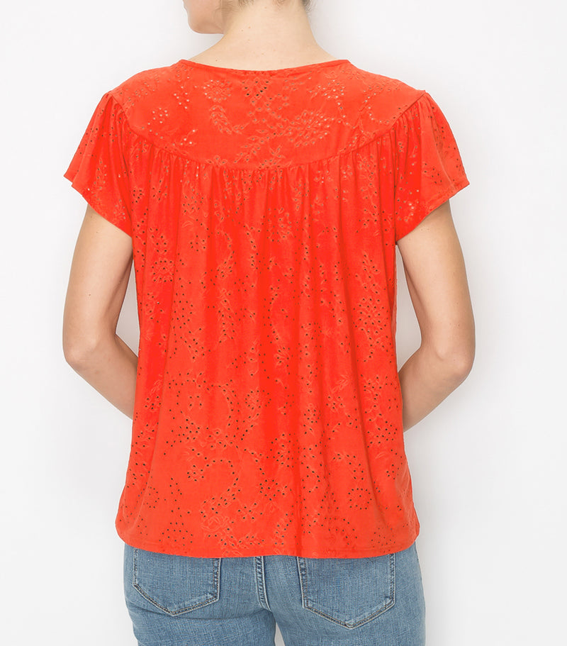 Spice Red Floral Eyelet Crew Neck Top
