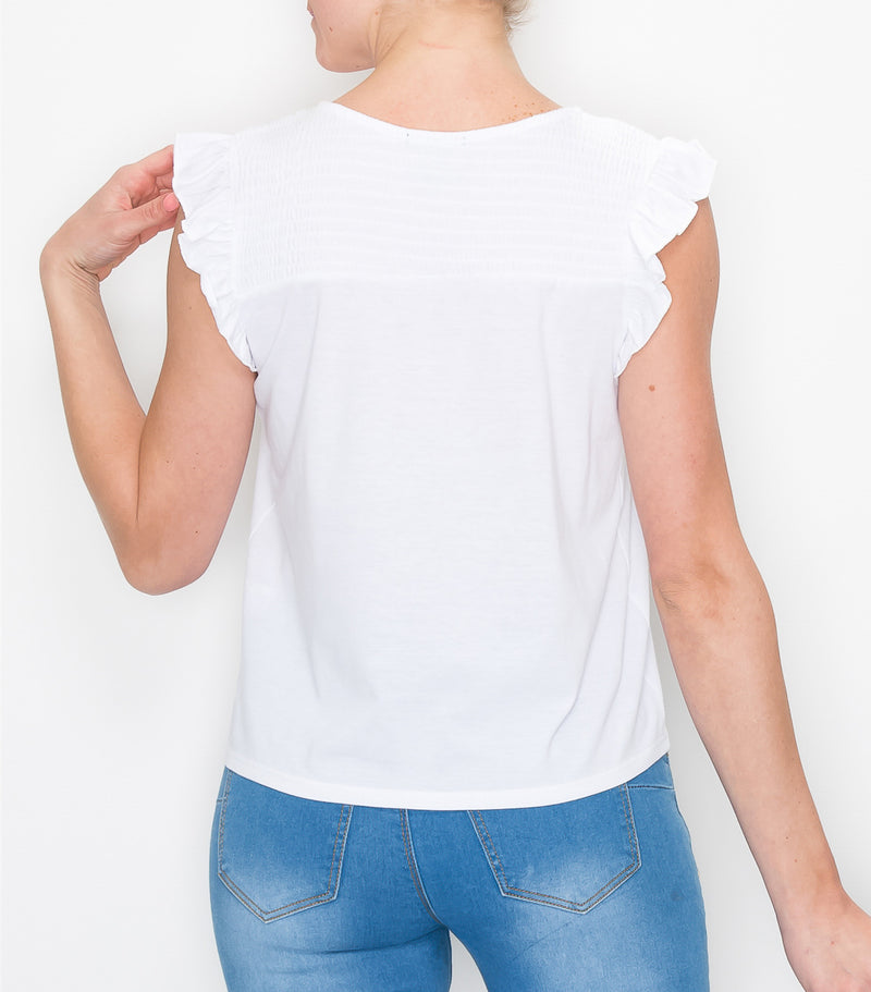 White Cotton Flutter Sleeve Top