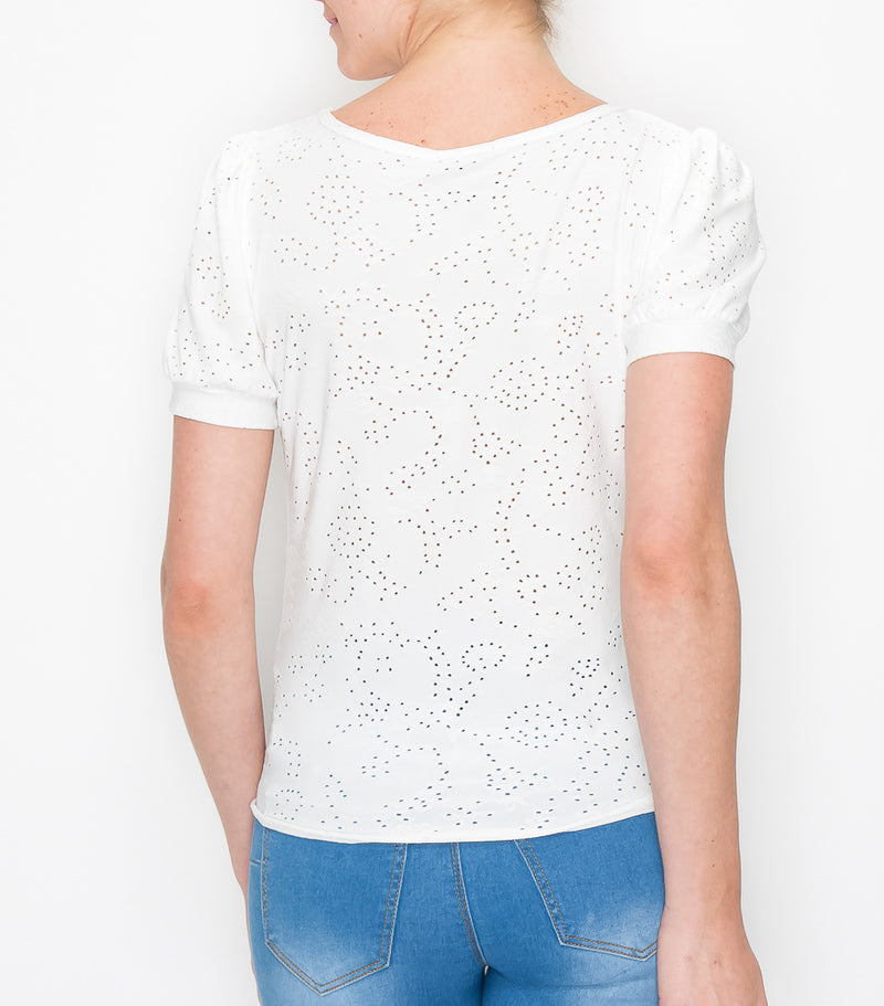 White Floral Eyelet Tie Front Top