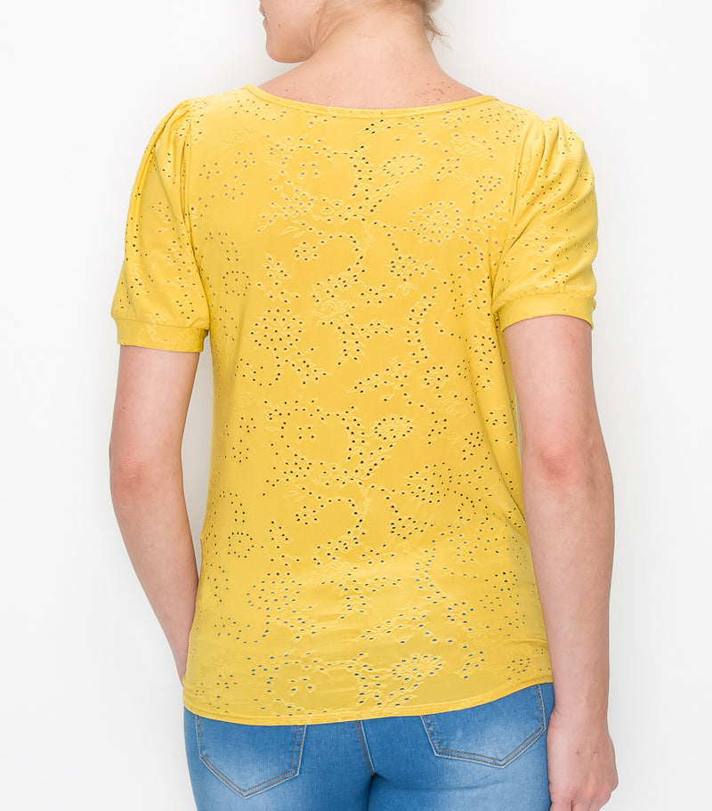Mustard Floral Eyelet Tie Front Top