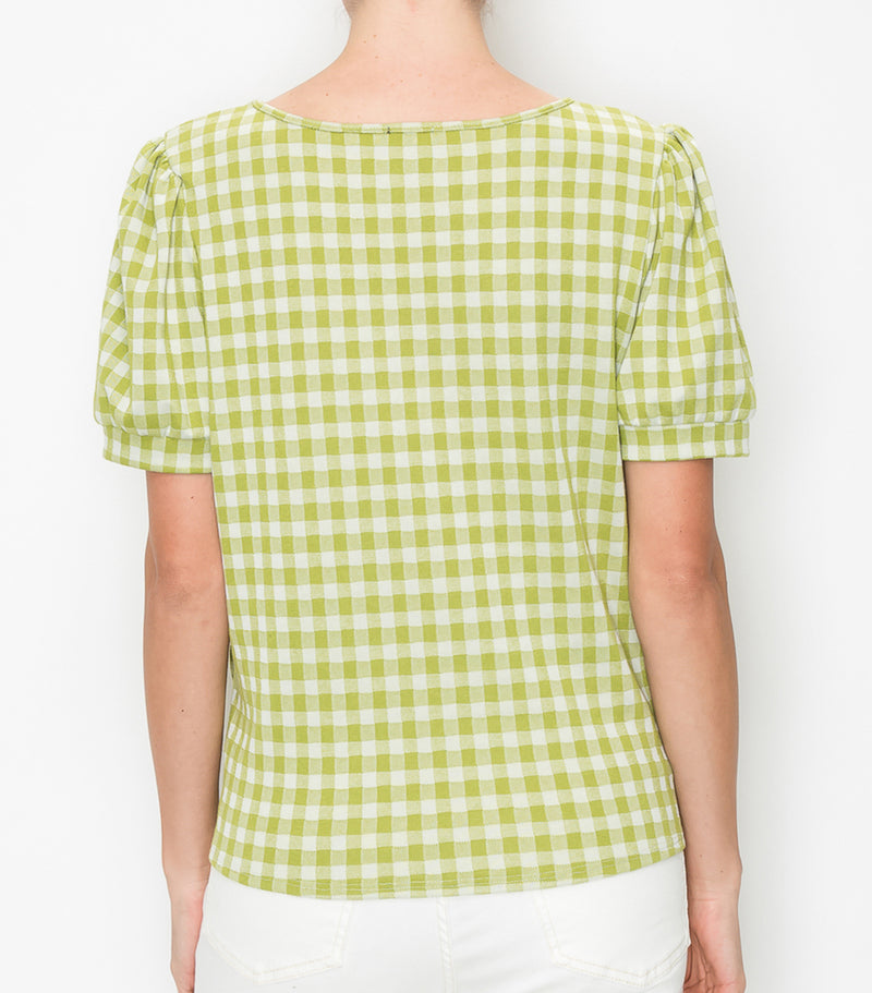 Lime Gingham Puff Sleeve Tie Front Top