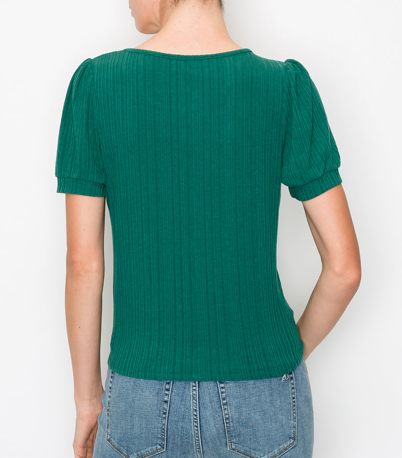 Forrest Rib Puff Sleeve Tie Front Top