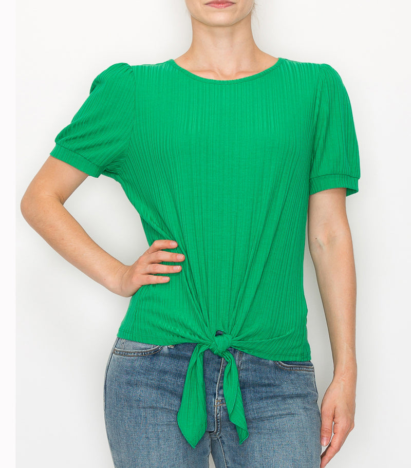 Kelly Green Puff Sleeve Tie Front Top
