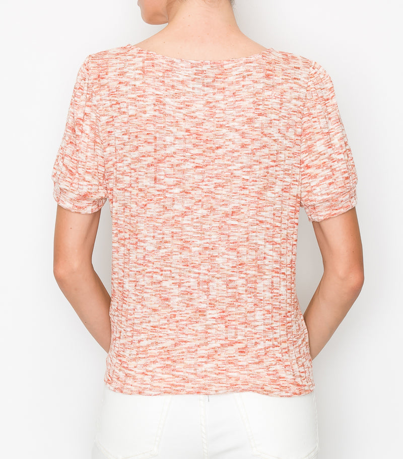 Coral Space Dye Puff Sleeve Tie Front Top