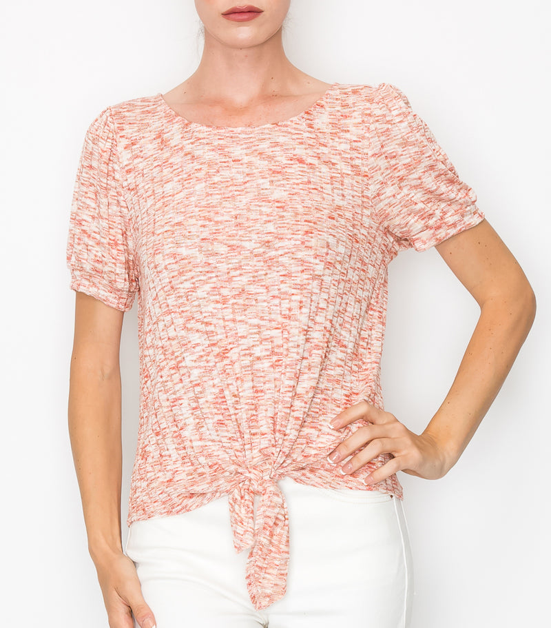 Coral Space Dye Puff Sleeve Tie Front Top